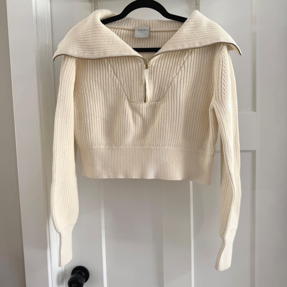 Varley Mentone Knit Half Zip Sweater Egret Off White 100% Cotton Ribbed Small